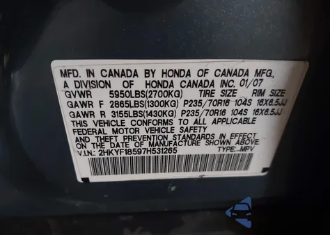 2007 Honda Pilot Ex-L из США, поврежденный, VIN 2HKYF18597H531265